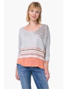 Desigual Gray Silver Thread Dolman Sleeve Top Size L